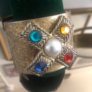 Vintage Thick Cuff With Gold Plated Brass Multicolor glass Stones & A Faux Pearl